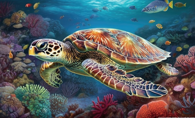 El concepto de conservación de los océanos del mundo Una gran tortuga nada en el océano entre algas brillantes y corrales Genera Ai