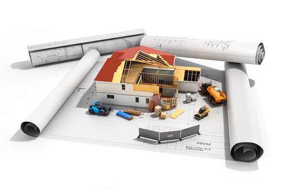 concepto de construcción Casa en proceso de construcción Imagen tridimensional renderizado en 3D