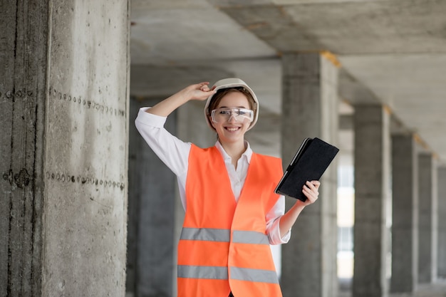 Concepto de construcción de ingeniero o arquitecto que trabaja en el sitio de construcción. Una mujer con una tableta en un sitio de construcción. Oficina de Arquitectura.