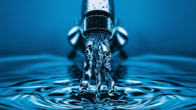 Concepto de consumo de agua de fondo azul con grifo y gota de agua de cerca