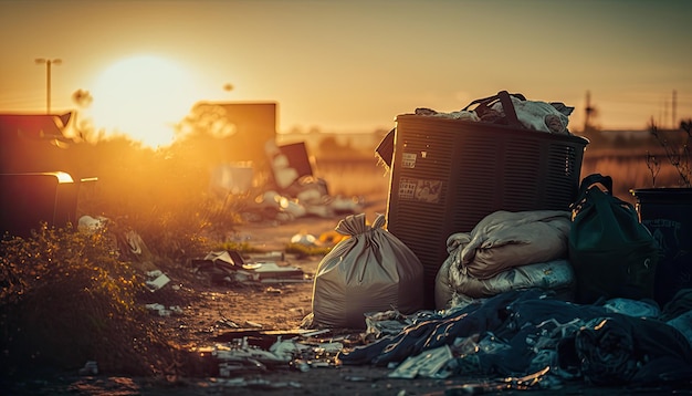 El concepto de contaminación AI generó una gran pila de basura en el vertedero en el fondo de la puesta del sol