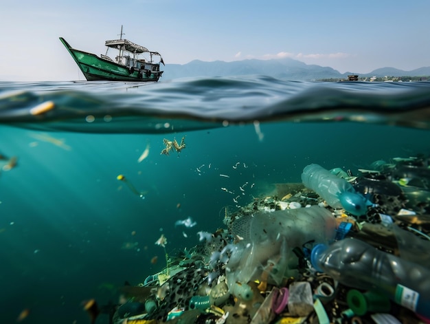 Concepto de contaminación oceánica basura flotante y escombros que plagan el medio ambiente Impacto de las actividades humanas Copiar espacio