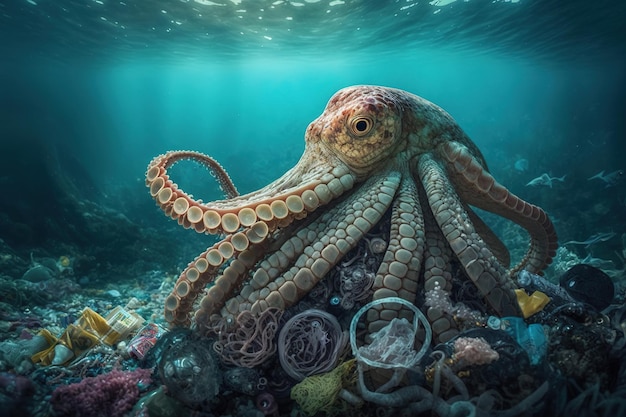 Foto concepto de contaminación oceánica un pulpo descansando en un montón de desechos en el mar generativo ai