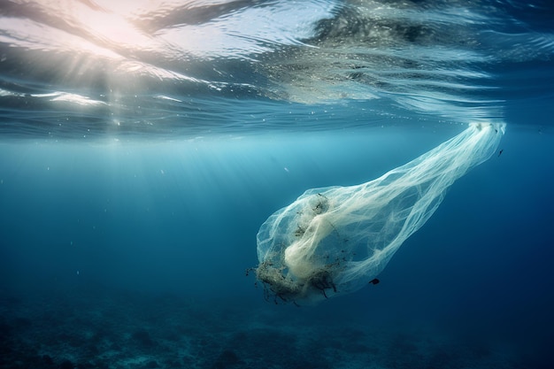 Concepto de contaminación plástica Campaña Save the ocean bolsa de plástico que se hunde en el océano ai generado