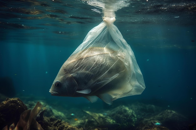 Concepto de contaminación plástica Salvar los peces del océano en una bolsa de plástico generada por ai