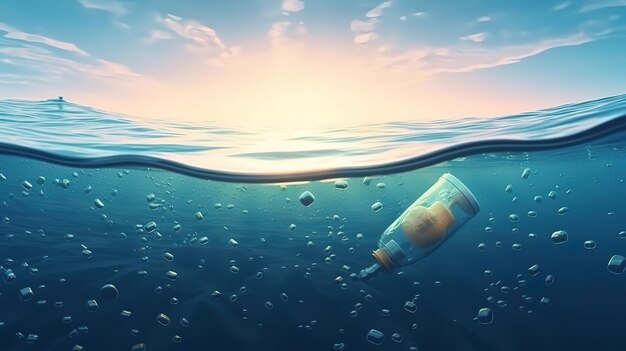 Concepto de contaminación con residuos plásticos Botella vacía en la orilla de la playa Generative Ai