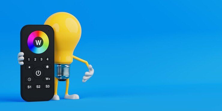 Foto el concepto de control inteligente de la bombilla de dibujos animados amarilla del personaje que sostiene la luz led remoto con rueda de color renderización 3d