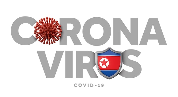 Concepto de coronavirus de corea del norte con microbio y escudo d render