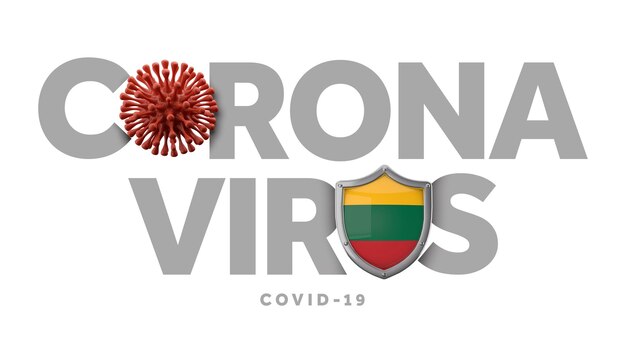 Concepto de coronavirus de lituania con microbio y escudo d render