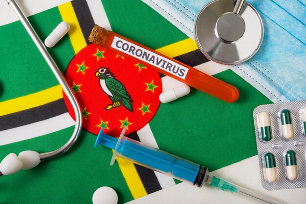 Foto concepto de coronavirus ncov vista superior de la bandera de dominica