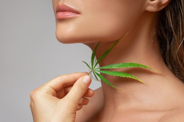 Concepto de cosméticos de CBD. Bella mujer con una hoja de cannabis sobre fondo gris