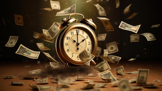 concepto de costo de oportunidad el tiempo es dinero reloj y monedas en la mesa de madera