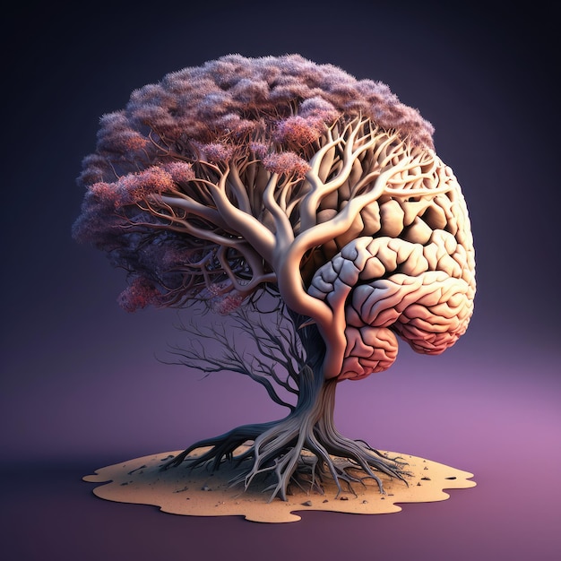 Concepto de creatividad con el cerebro humano explotando en colores árbol colorido