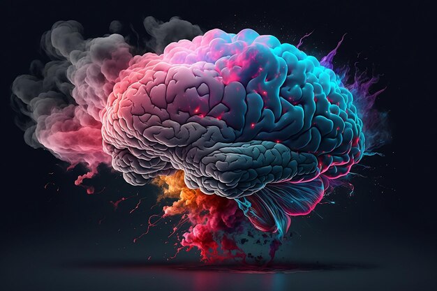 Concepto de creatividad con un cerebro humano explotando en humo colorido