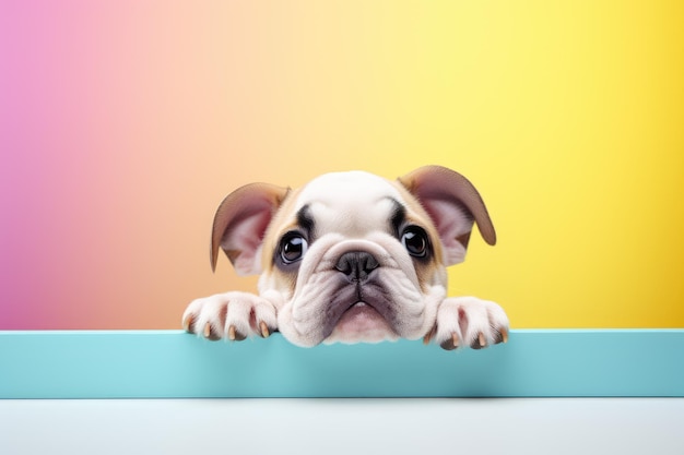 Concepto creativo de animal bulldog perro cachorro mirando a través de publicidad de fondo brillante pastel