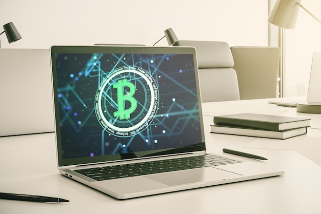 Concepto creativo de Bitcoin en el moderno monitor de computadora 3D Rendering