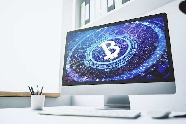 Concepto creativo de Bitcoin en el moderno monitor de computadora 3D Rendering