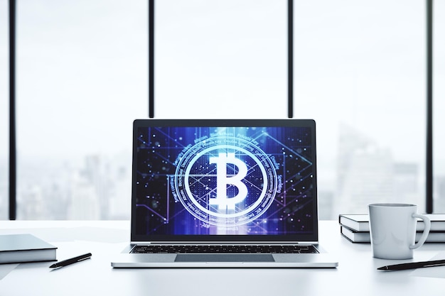 Concepto creativo de Bitcoin en la pantalla de una computadora portátil moderna Renderización en 3D