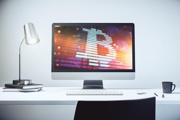 Concepto creativo de Bitcoin en la pantalla de una computadora portátil moderna Renderizado en 3D