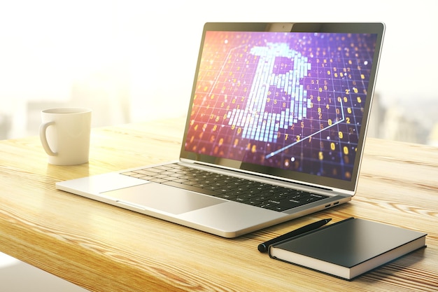 Concepto creativo de Bitcoin en la representación 3D de la pantalla del portátil moderno
