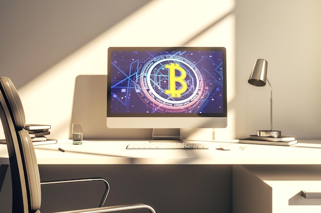 Concepto creativo de Bitcoin en la representación 3D de la pantalla del portátil moderno