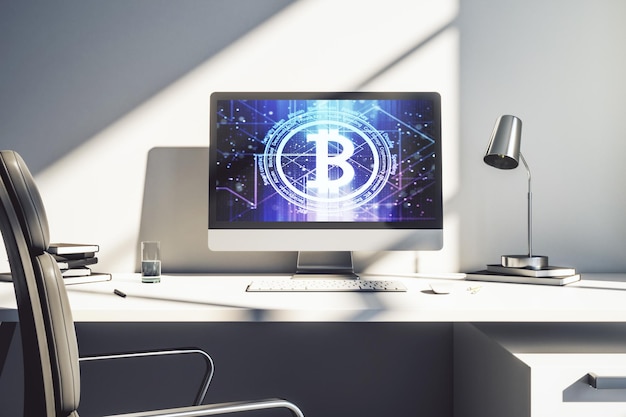 Concepto creativo de Bitcoin en la representación 3D de la pantalla del portátil moderno