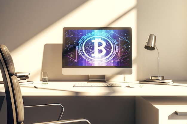 Concepto creativo de Bitcoin en la representación 3D de la pantalla del portátil moderno