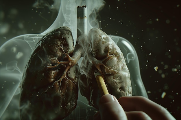 Foto concepto creativo de los cigarrillos que afectan a los pulmones humanos