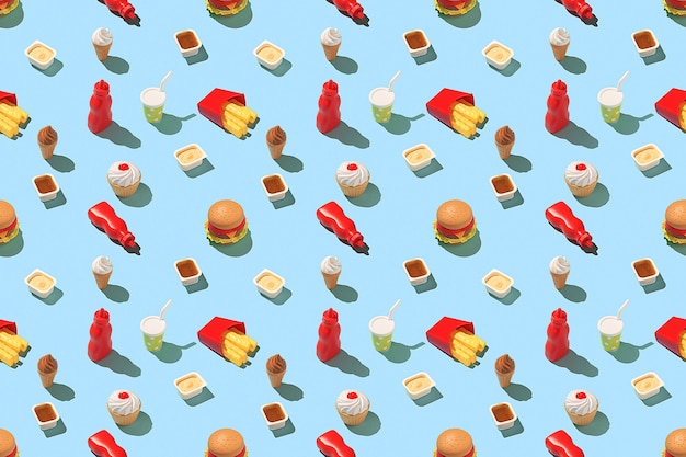 Concepto creativo de comida rápida. Patrón transparente de comida rápida sobre un fondo azul brillante.