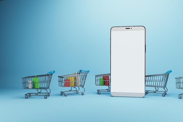 Concepto creativo de compras en línea con carros y pantalla de teléfono inteligente simulada en blanco vacío sobre fondo azul Concepto de compras en línea y medios digitales Representación 3D