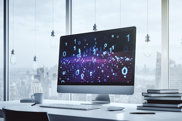 Concepto creativo de ilustración de código binario en la pantalla de un portátil moderno Big data y concepto de codificación Representación 3D