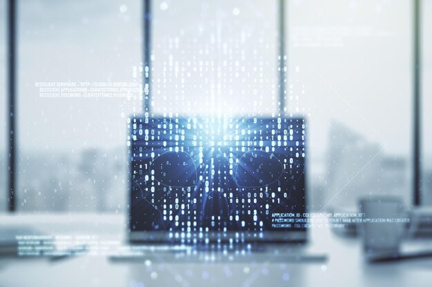 Concepto creativo de ilustración de cráneo de código en el fondo de una computadora portátil moderna Concepto de piratería informática y phishing Exposición múltiple