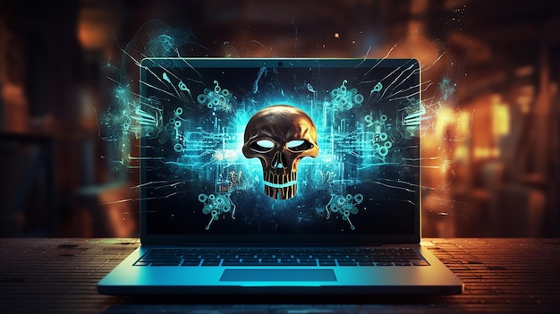 concepto creativo de la ilustración del cráneo de código en el fondo de una computadora portátil moderna