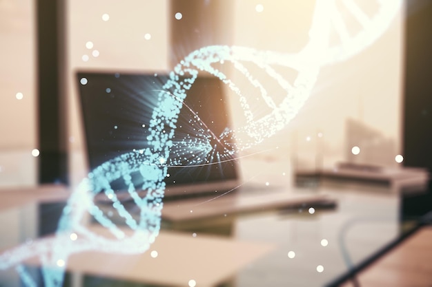 Concepto creativo con ilustración de símbolo de ADN en el fondo de la computadora portátil moderna Concepto de investigación del genoma Exposición múltiple