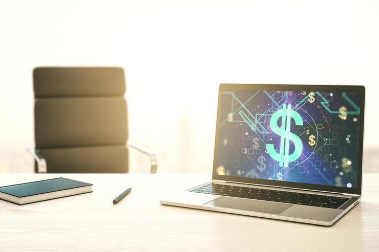Foto concepto creativo de ilustración de símbolos usd en la pantalla de un portátil moderno concepto de comercio y moneda representación 3d