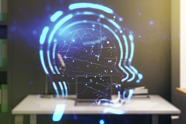 Concepto creativo de inteligencia artificial con boceto de cabeza humana y escritorio moderno con pc en segundo plano Exposición doble