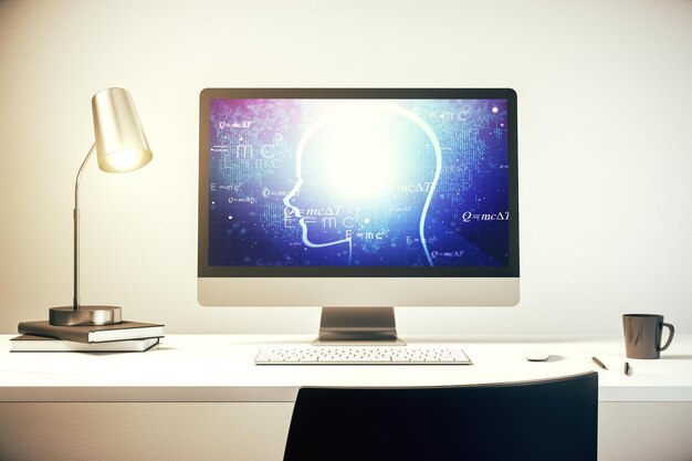 Concepto creativo de inteligencia artificial con boceto de cabeza humana en el monitor de computadora moderno 3D Rendering