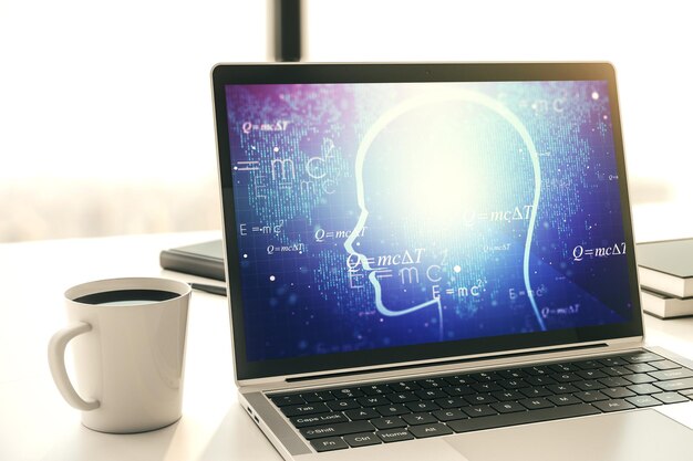 Concepto creativo de inteligencia artificial con boceto de cabeza humana en el monitor de computadora moderno 3D Rendering