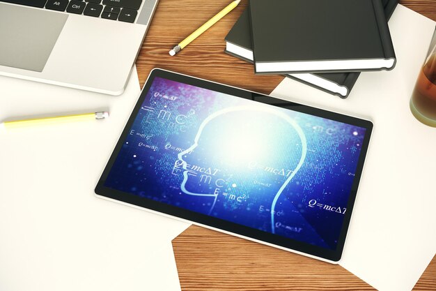 Concepto creativo de inteligencia artificial con boceto de cabeza humana en la pantalla de tableta digital moderna Vista superior Representación 3D