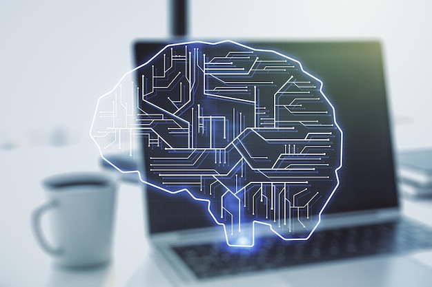 Concepto creativo de inteligencia artificial con boceto del cerebro humano en el fondo de la computadora moderna Doble exposición