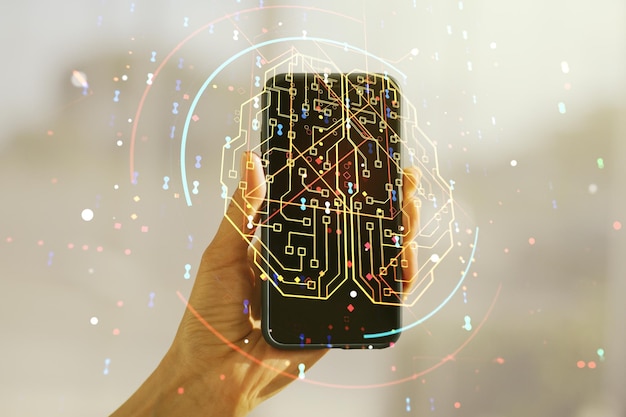 Concepto creativo de inteligencia artificial con boceto del cerebro humano y mano con teléfono móvil en el fondo Doble exposición