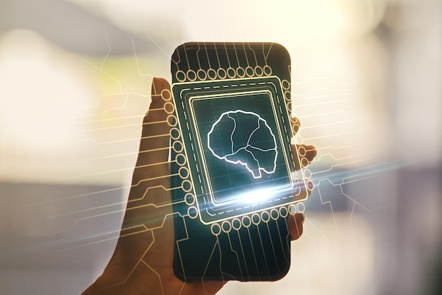 Concepto creativo de inteligencia artificial con boceto del cerebro humano y mano con teléfono móvil en el fondo Doble exposición