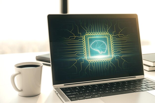 Concepto creativo de inteligencia artificial con boceto del cerebro humano en un moderno monitor portátil 3D Rendering