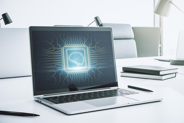 Concepto creativo de inteligencia artificial con boceto del cerebro humano en un moderno monitor portátil 3D Rendering