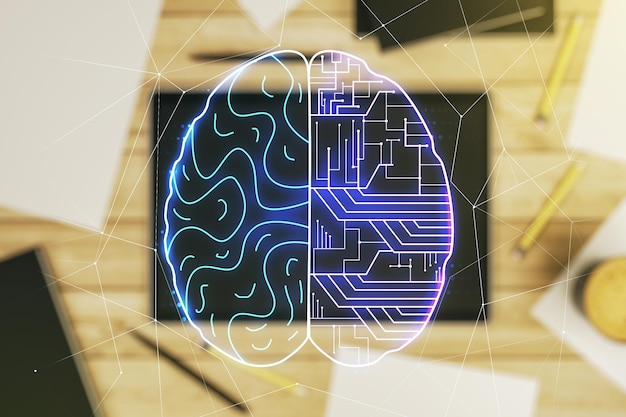 Concepto creativo de inteligencia artificial con boceto del cerebro humano y tableta digital moderna en el escritorio en la vista superior de fondo Doble exposición