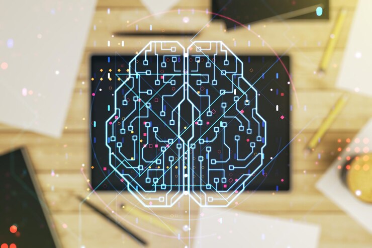 Foto concepto creativo de inteligencia artificial con boceto del cerebro humano y tableta digital moderna en el escritorio en la vista superior de fondo doble exposición