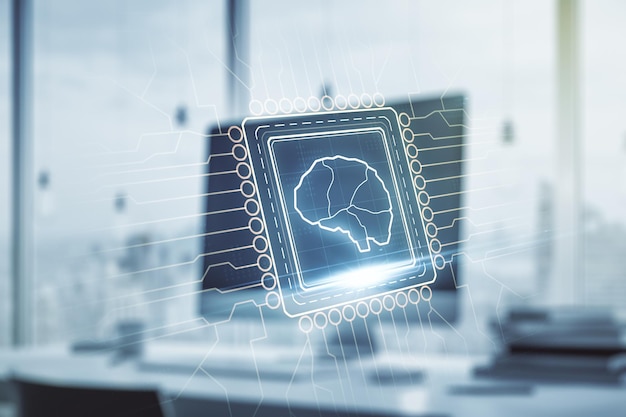 Concepto creativo de inteligencia artificial con bosquejo del cerebro humano en el fondo de la computadora moderna Doble exposición