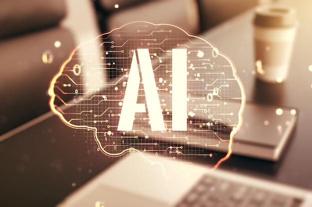 Concepto creativo de inteligencia artificial con bosquejo del cerebro humano en el fondo de la computadora moderna Doble exposición