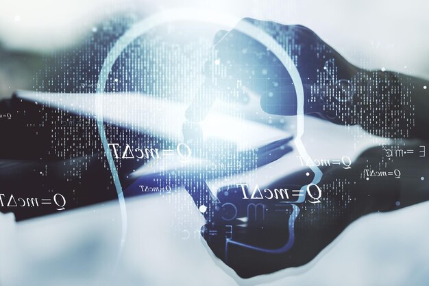 Concepto creativo de inteligencia artificial con holograma de cabeza humana y clics con los dedos en una tableta digital en el fondo Multiexposición