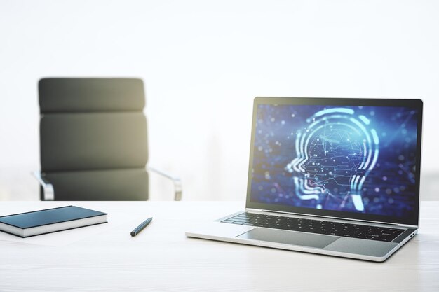 Concepto creativo de inteligencia artificial con holograma de cabeza humana en la pantalla de un portátil moderno 3D Rendering
